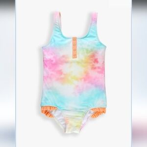 Size 10 RuffleButt's Rainbow Tie Dye Tween Henley One Piece bathing suit
